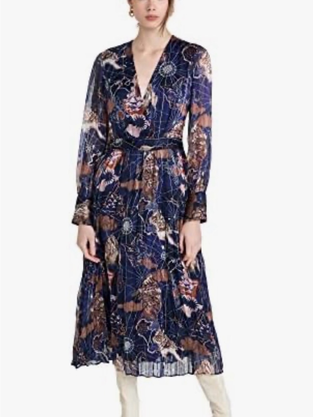 Scotch and Soda NWT Long Sleeve V-Neck Globe/Map Print Midi Dress - Navy M